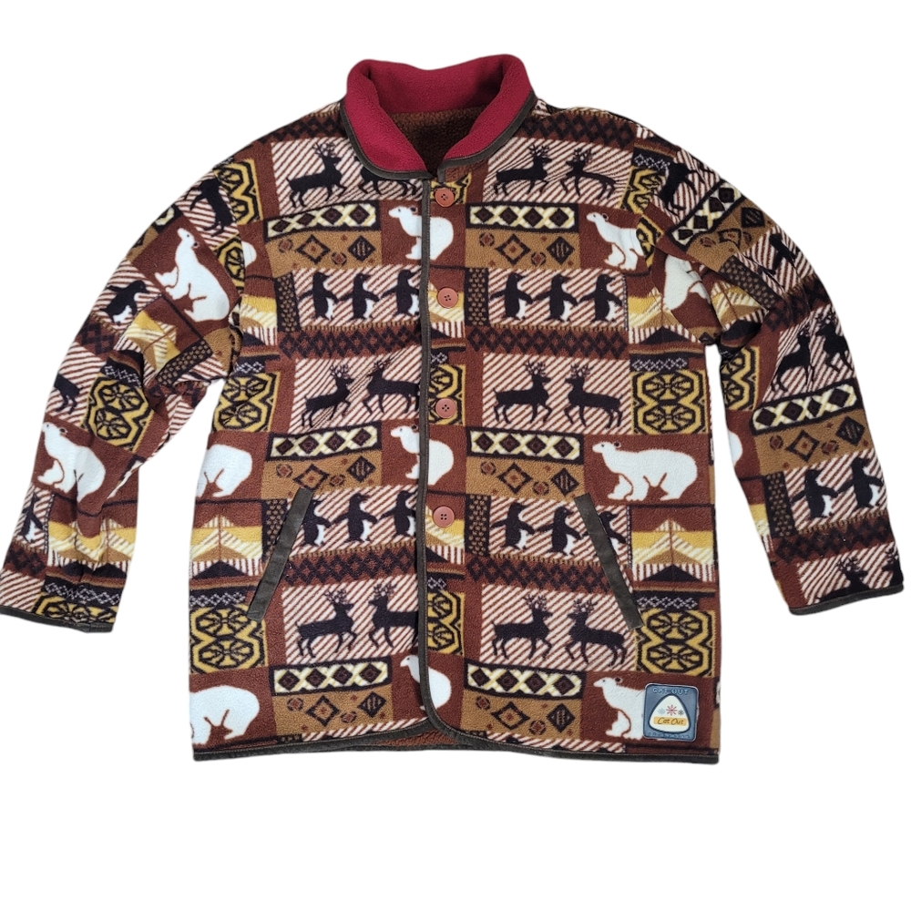 Vintage Reversible brown Cat Out fleece coat with animal print in size XL - Picture 8 of 16